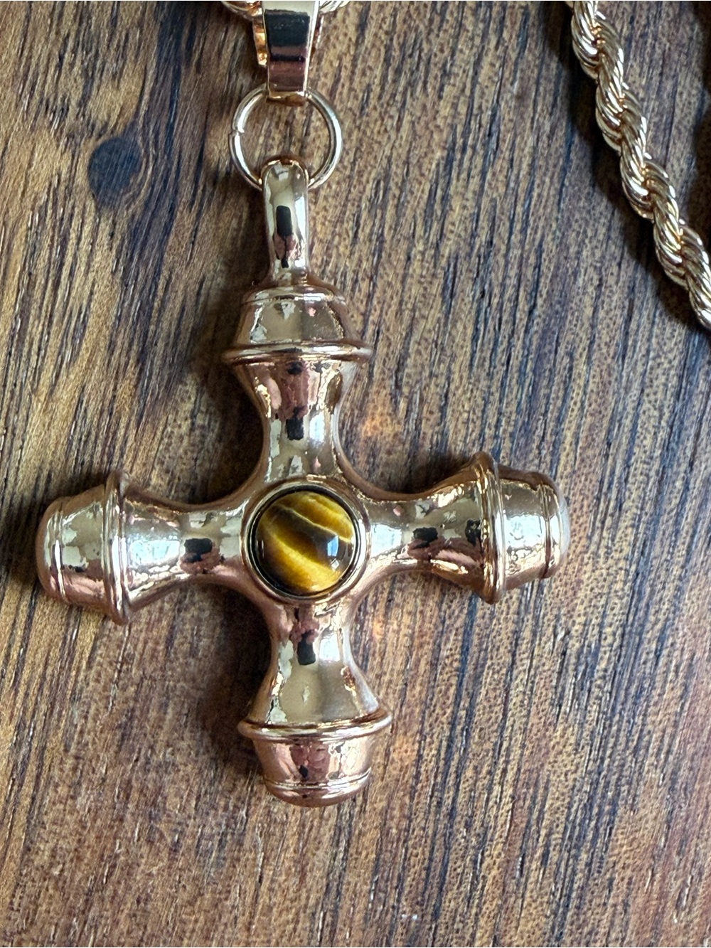 Gold-Tone Cross Pendant Necklace with Tiger Eye Accent Chain Long
